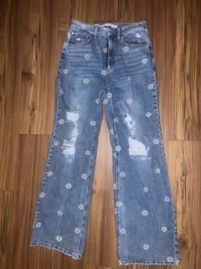 Tinseltown Blue Wide-Leg Jeans with Pastel Flower Print